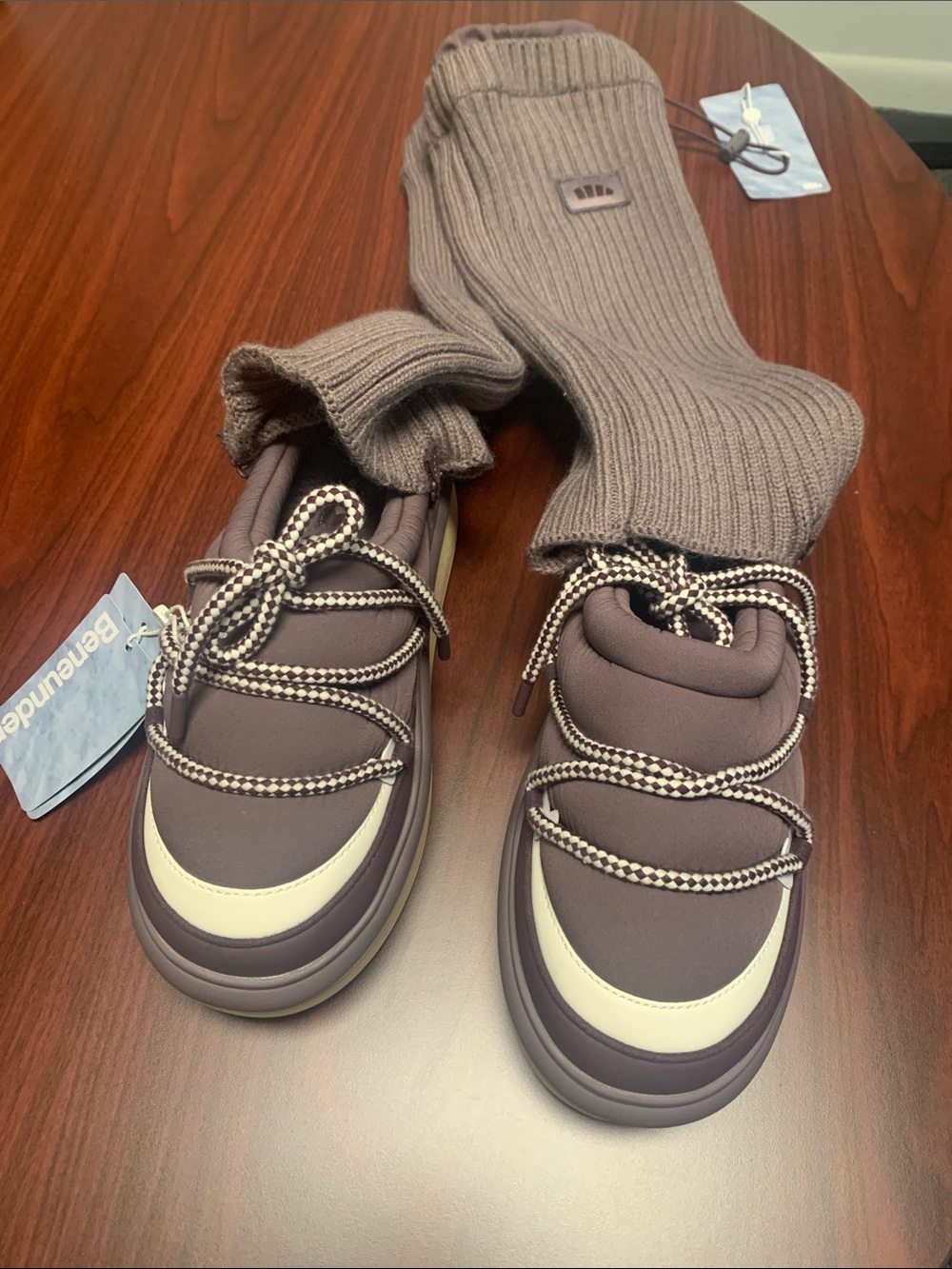 Beneunder Women's taupe/ Smokey purple Slip-On Clog Mules with Knit Ankle